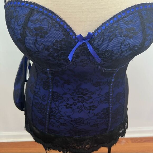 NWT Baci Blue/Black Corset with Garter Belt‎ and Thong Panties - 3X (16-20) - Picture 7 of 16